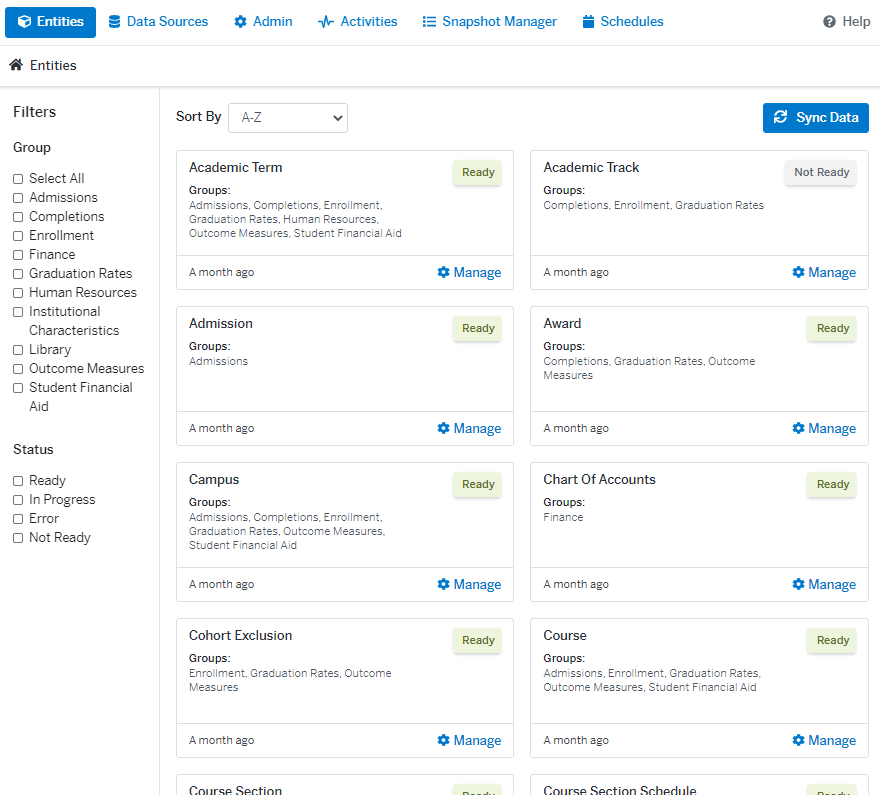 Scrollable list of entities, the associated groups for each one, and a link for configuration of the entity.